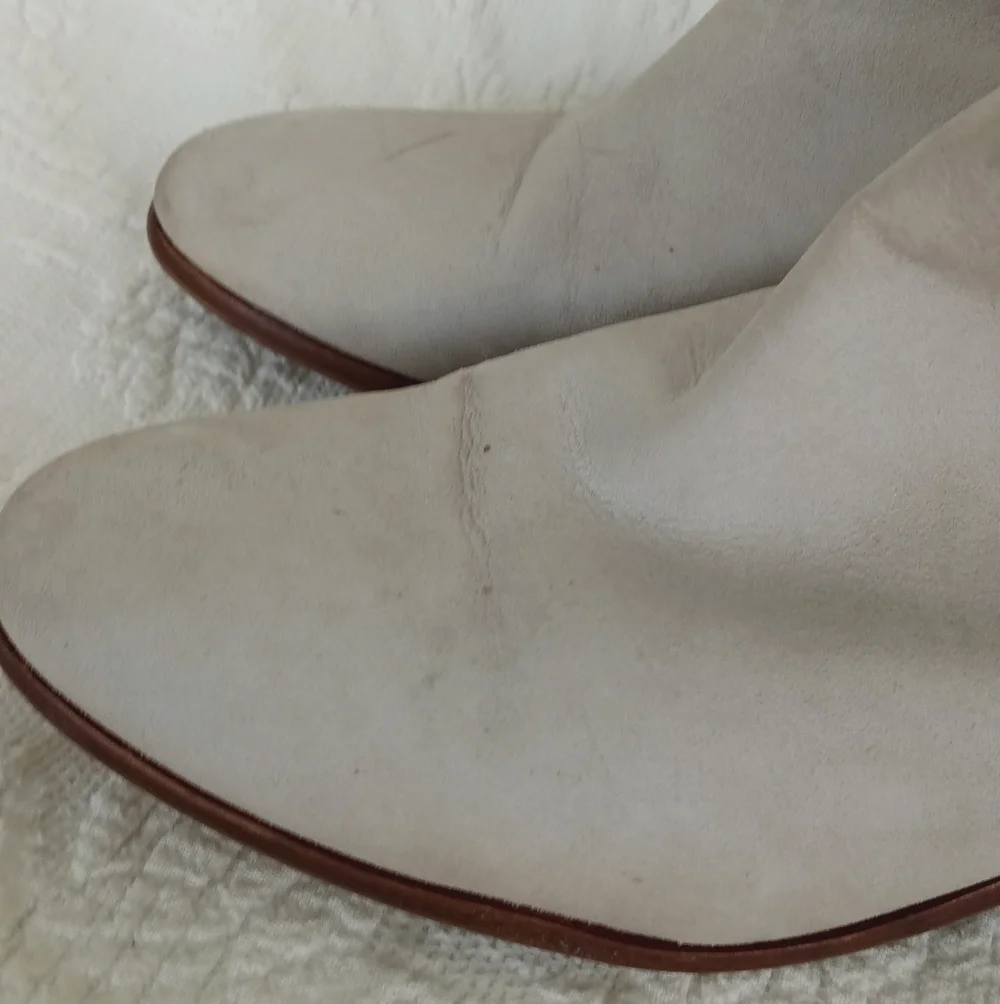 Sam Edelman Suede Ankle Booties Beige Gray Low Wood Stacked Heel 8 Western